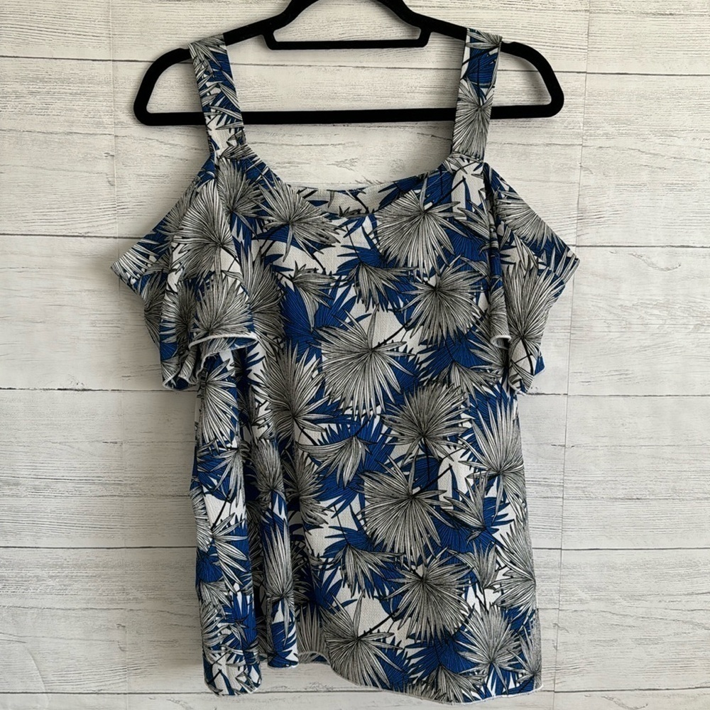 Jonathan Martin Palm Print Cold Shoulder Blouse | SIZE XL